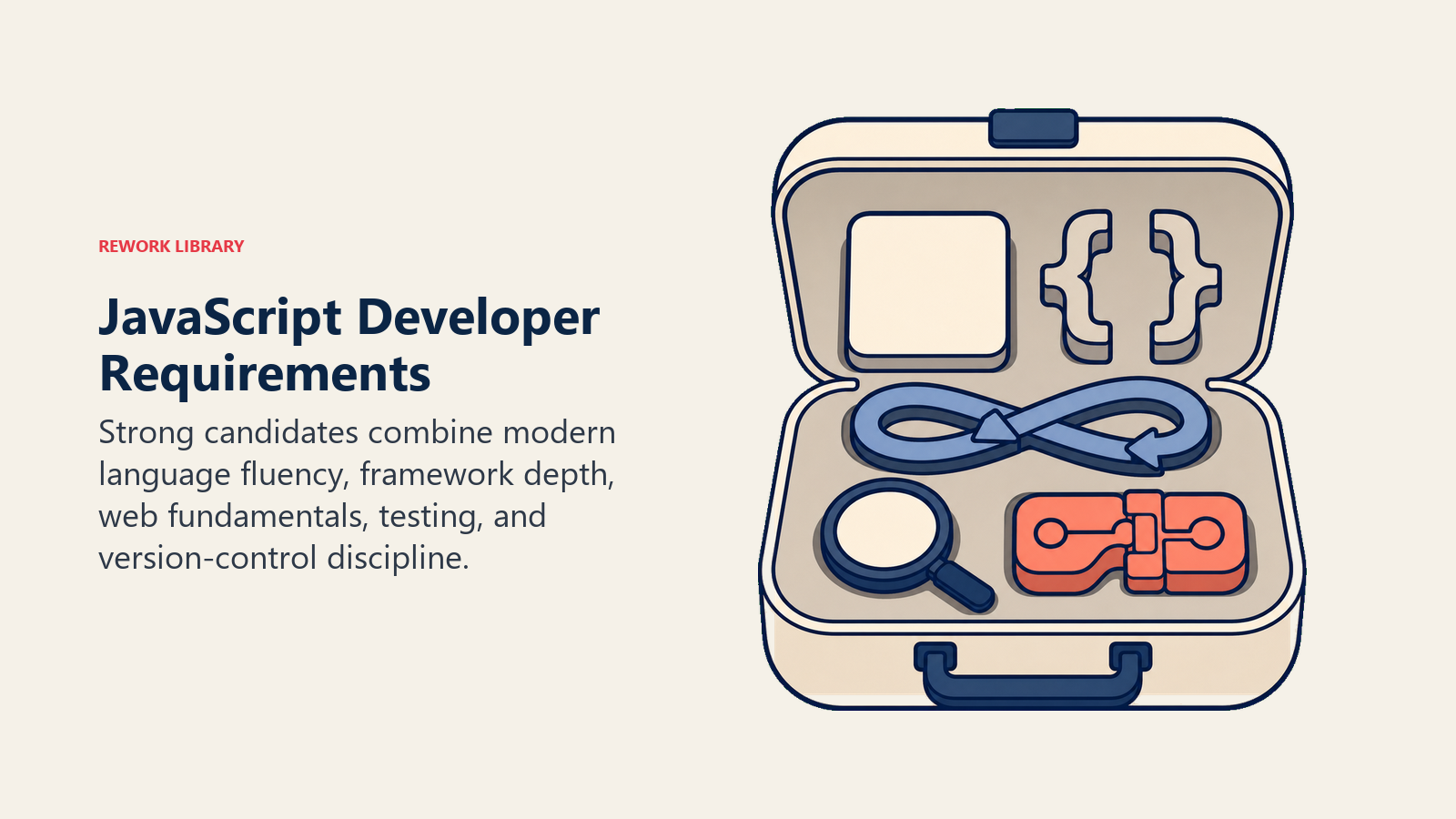 JavaScript developer requirements shown as a toolkit for language, frameworks, asynchronous work, testing, and version control