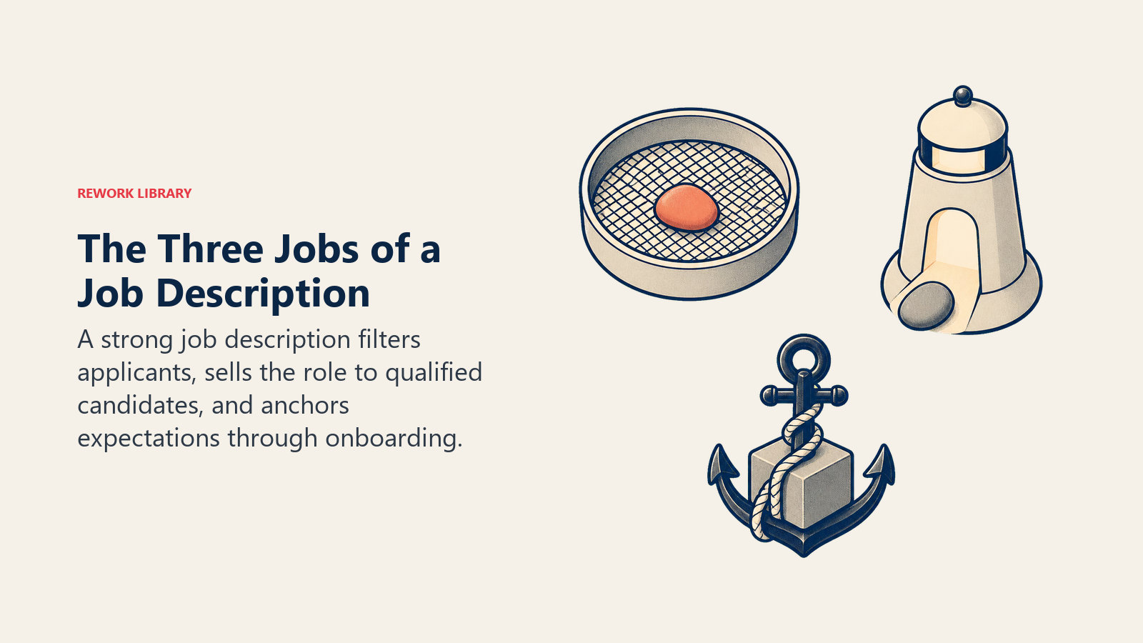 Three jobs of a job description represented by a candidate filter, opportunity beacon, and expectation anchor