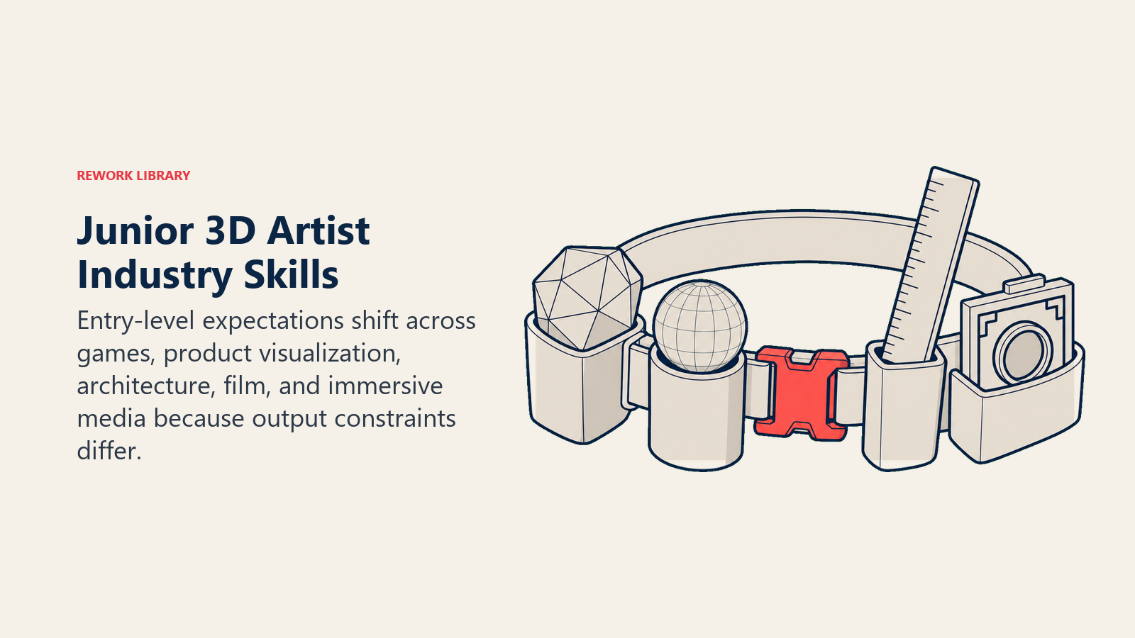Junior 3D artist industry skills represented by a modular toolbelt for mesh, materials, architecture, and film