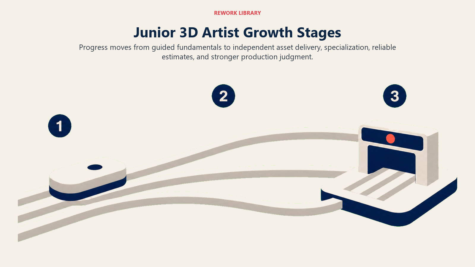 Junior 3D artist growth stages illustrated by guidance rails opening toward independent asset delivery