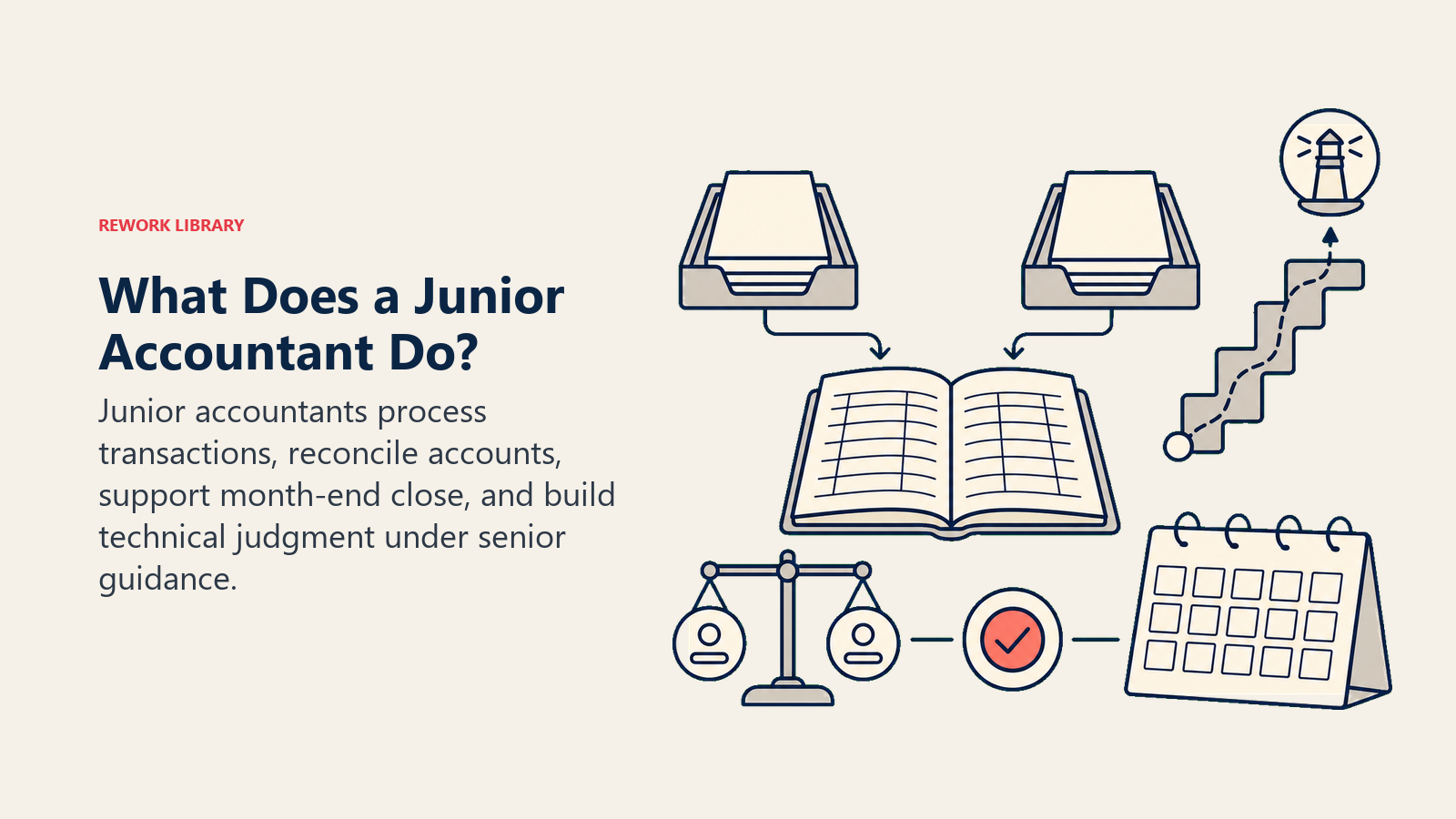 Junior accountant role shown as a supervised work desk connecting transactions, ledger maintenance, reconciliation, and month-end close