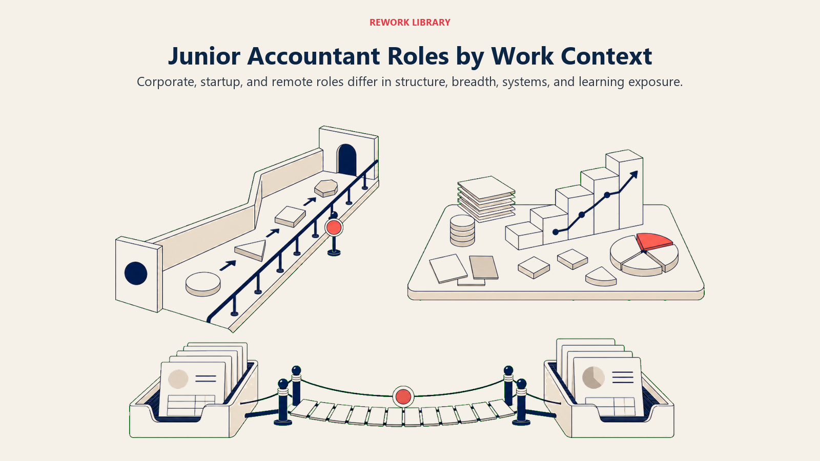 Junior Accountant Roles by Work Context illustrated with three learning environments