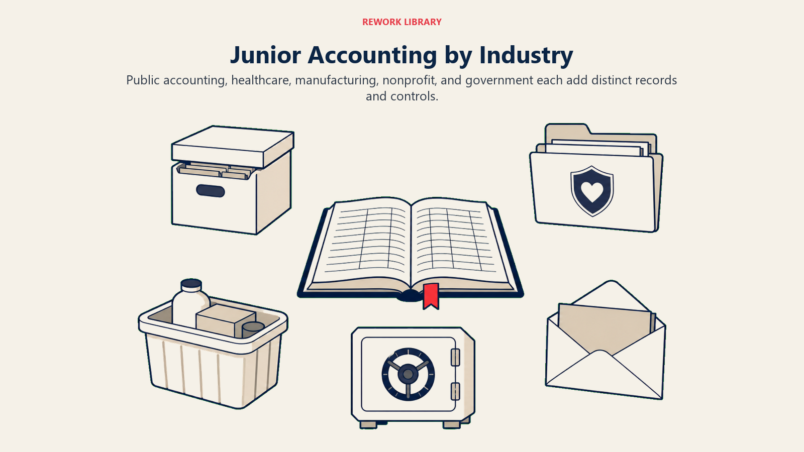 Junior Accounting by Industry illustrated with five industry record containers