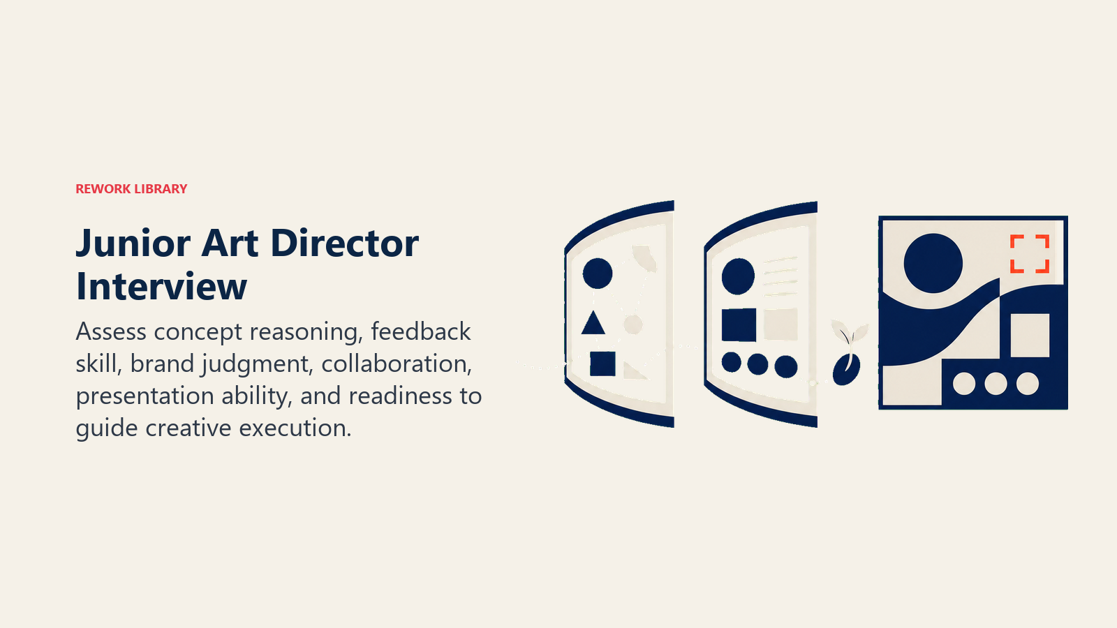 Junior art director interview shown as a concept moving through critique, presentation, and creative direction