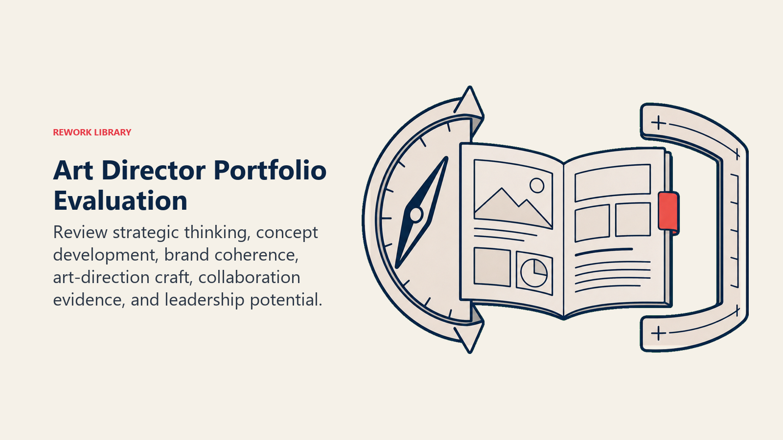 Art director portfolio evaluation illustrated by strategy and craft lenses reviewing a campaign book