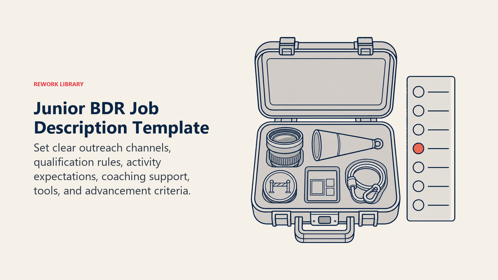 Junior BDR job description template shown as a starter kit for research, outreach, qualification, CRM, and coaching
