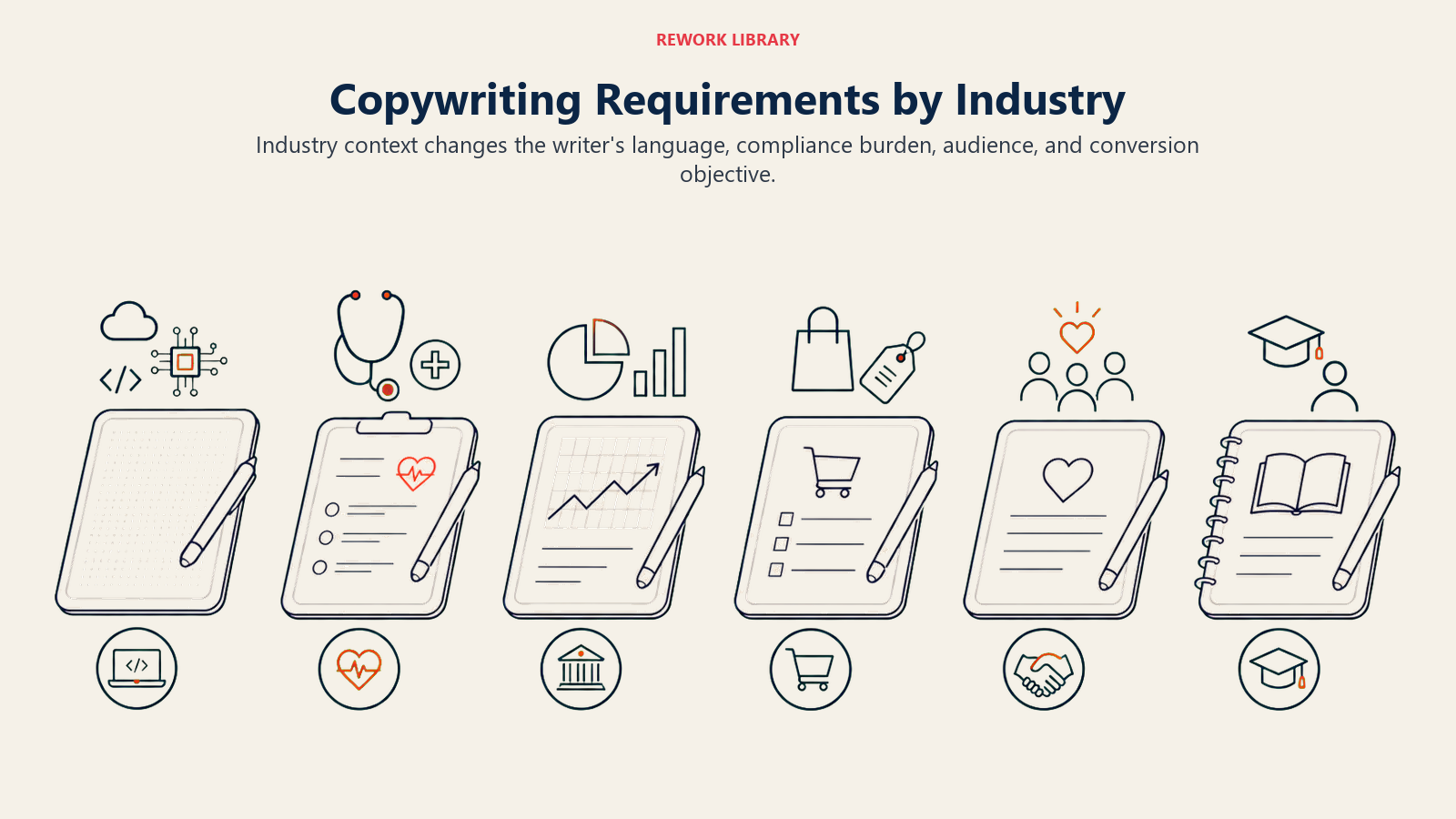 Copywriting Requirements by Industry shown as wide comparison of six writing surfaces shaped for technology, healthcare, finance, commerce, nonprofit, and education