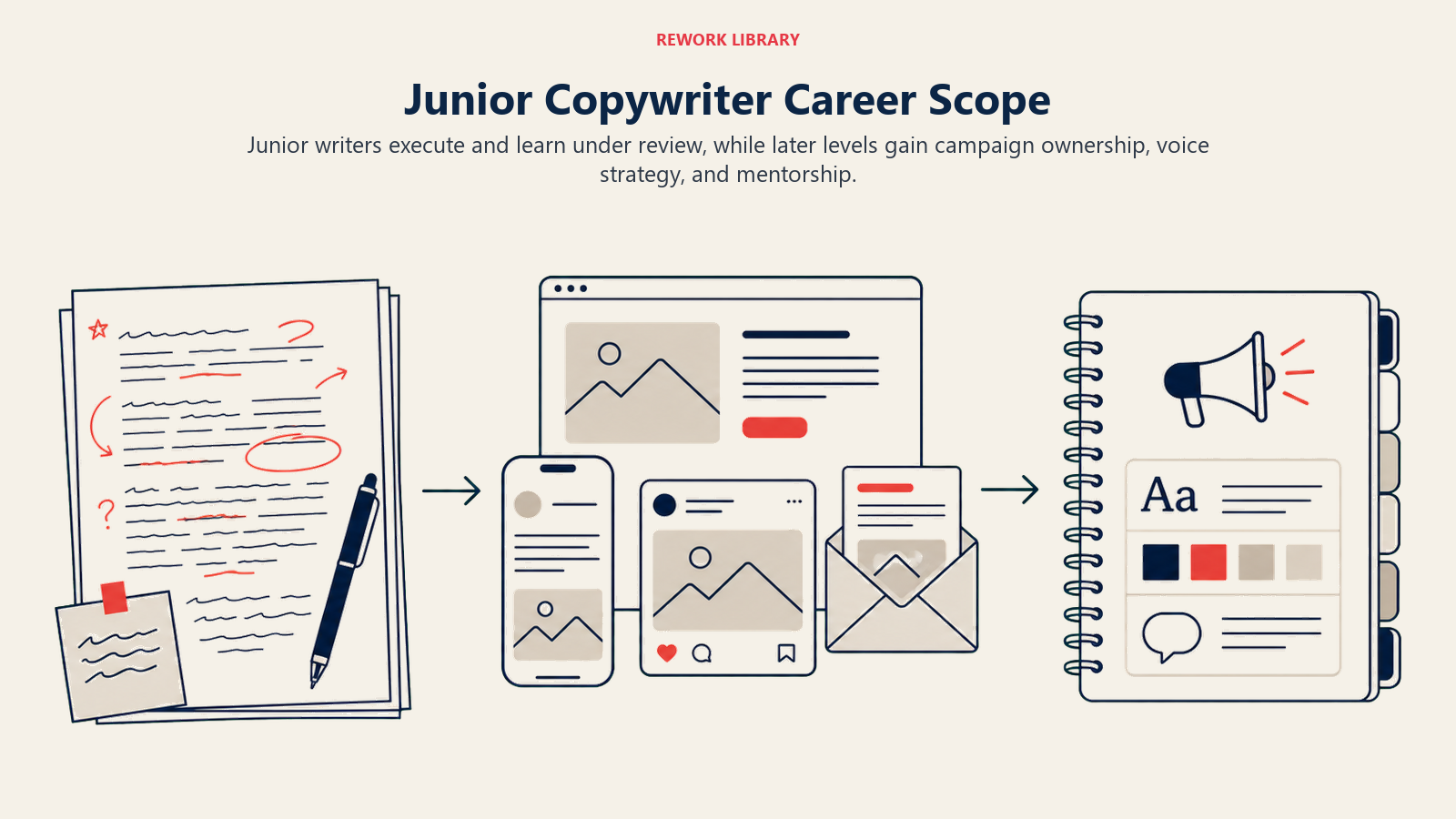 Junior Copywriter Career Scope shown as wide three-stage writing desk progression from marked-up draft to multi-channel campaign to brand voice guide