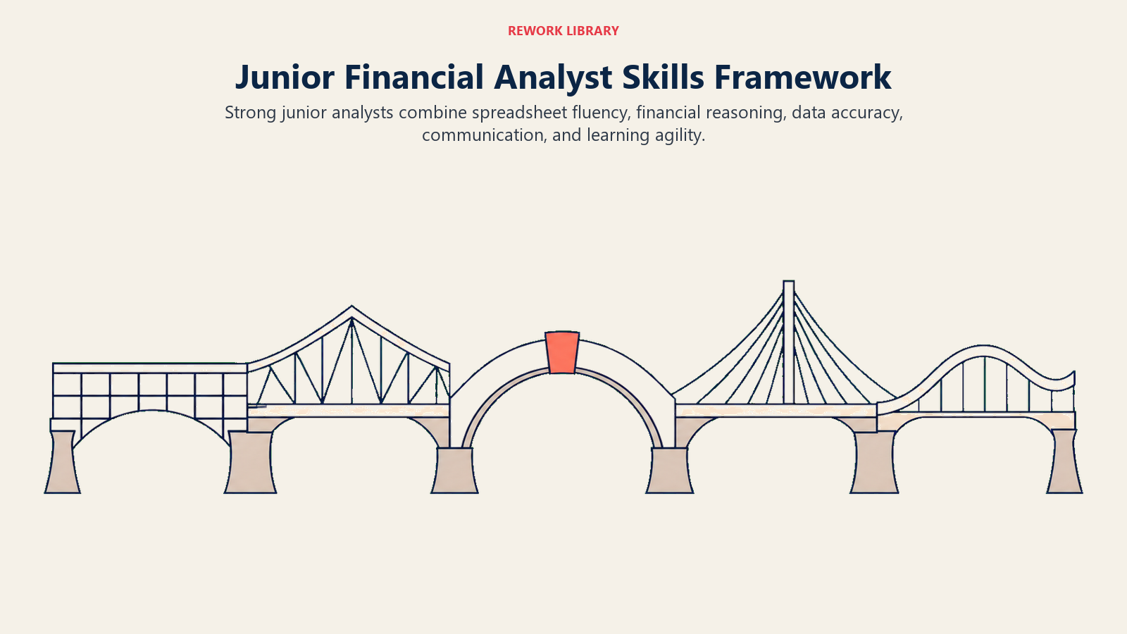 Junior Financial Analyst skills framework shown as a five-part competency bridge
