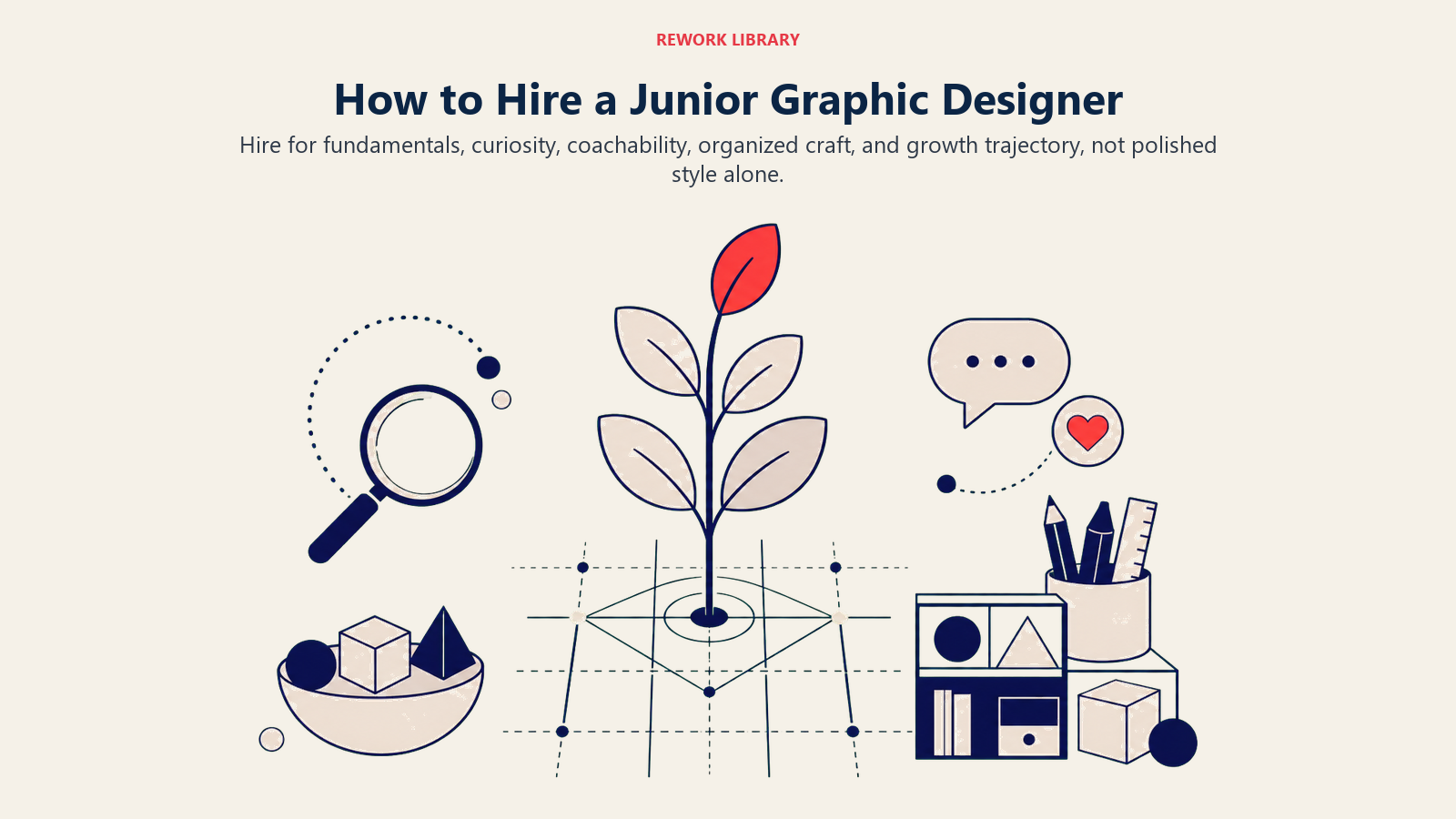 How to hire a Junior Graphic Designer visual showing creative growth rooted in fundamentals, feedback, and organized craft