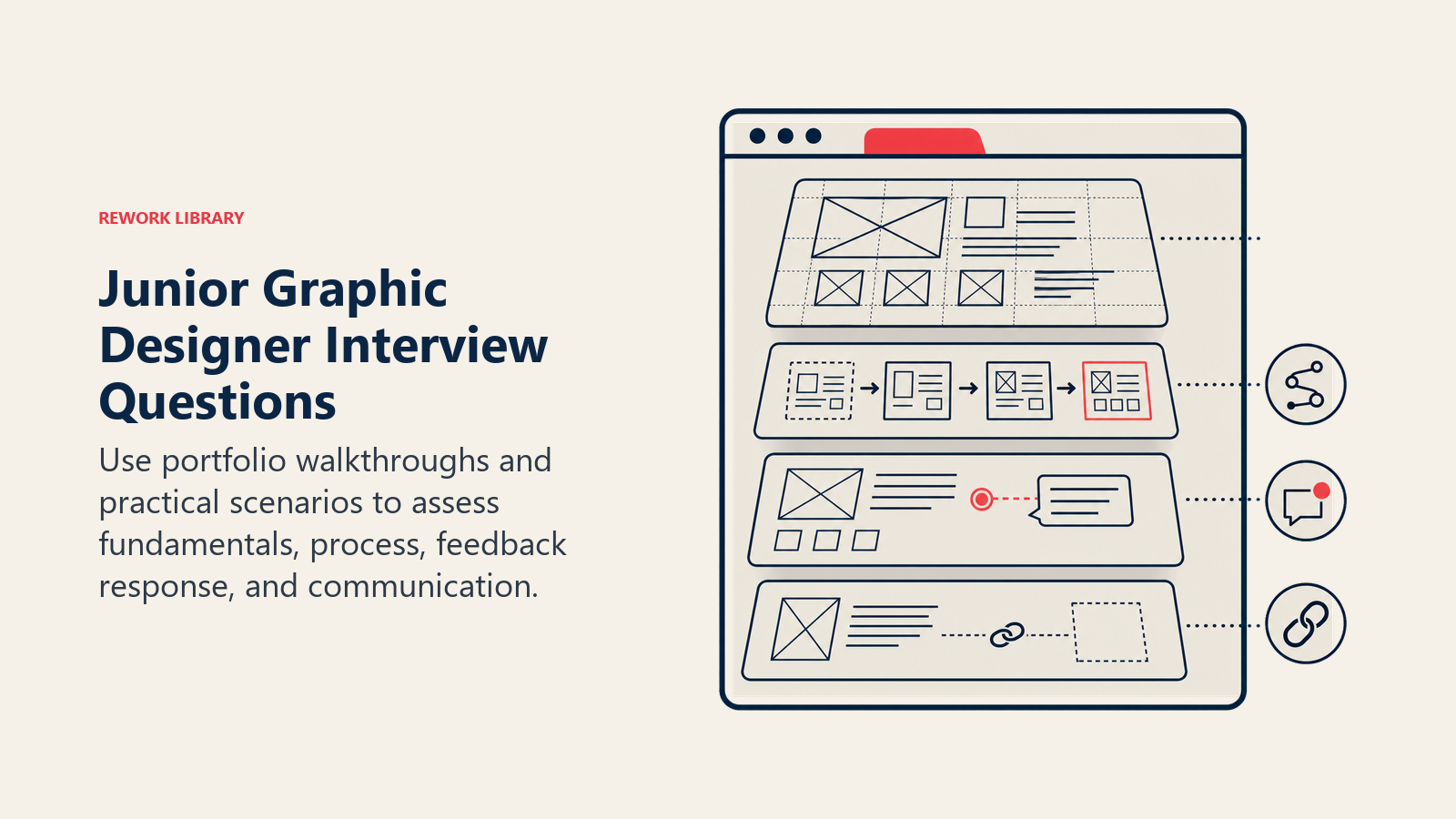 Junior Graphic Designer interview questions visual reviewing portfolio fundamentals, process, feedback response, and communication
