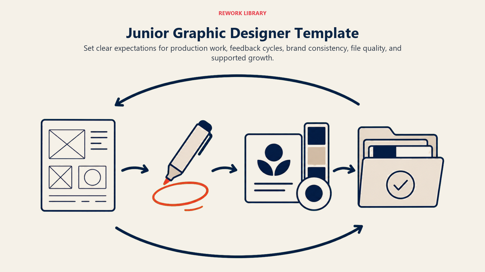 Junior Graphic Designer template visual showing a draft, feedback, refinement, and delivery loop