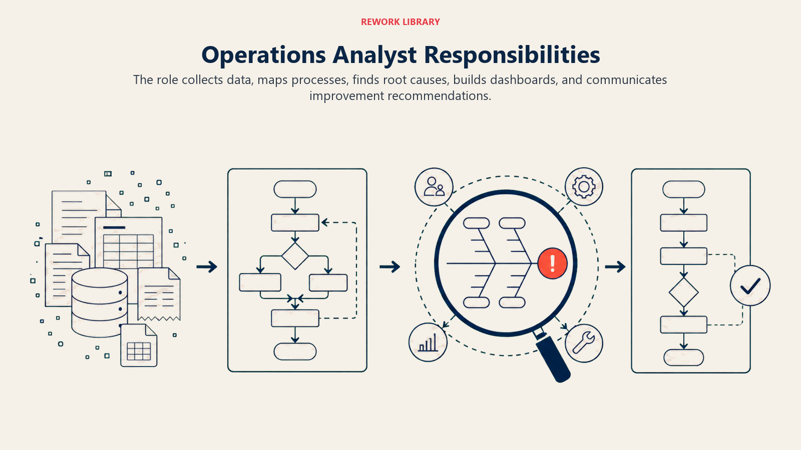 Operations Analyst Responsibilities shown as wide analysis flow from raw operational records through process map and root-cause lens to an improved workflow