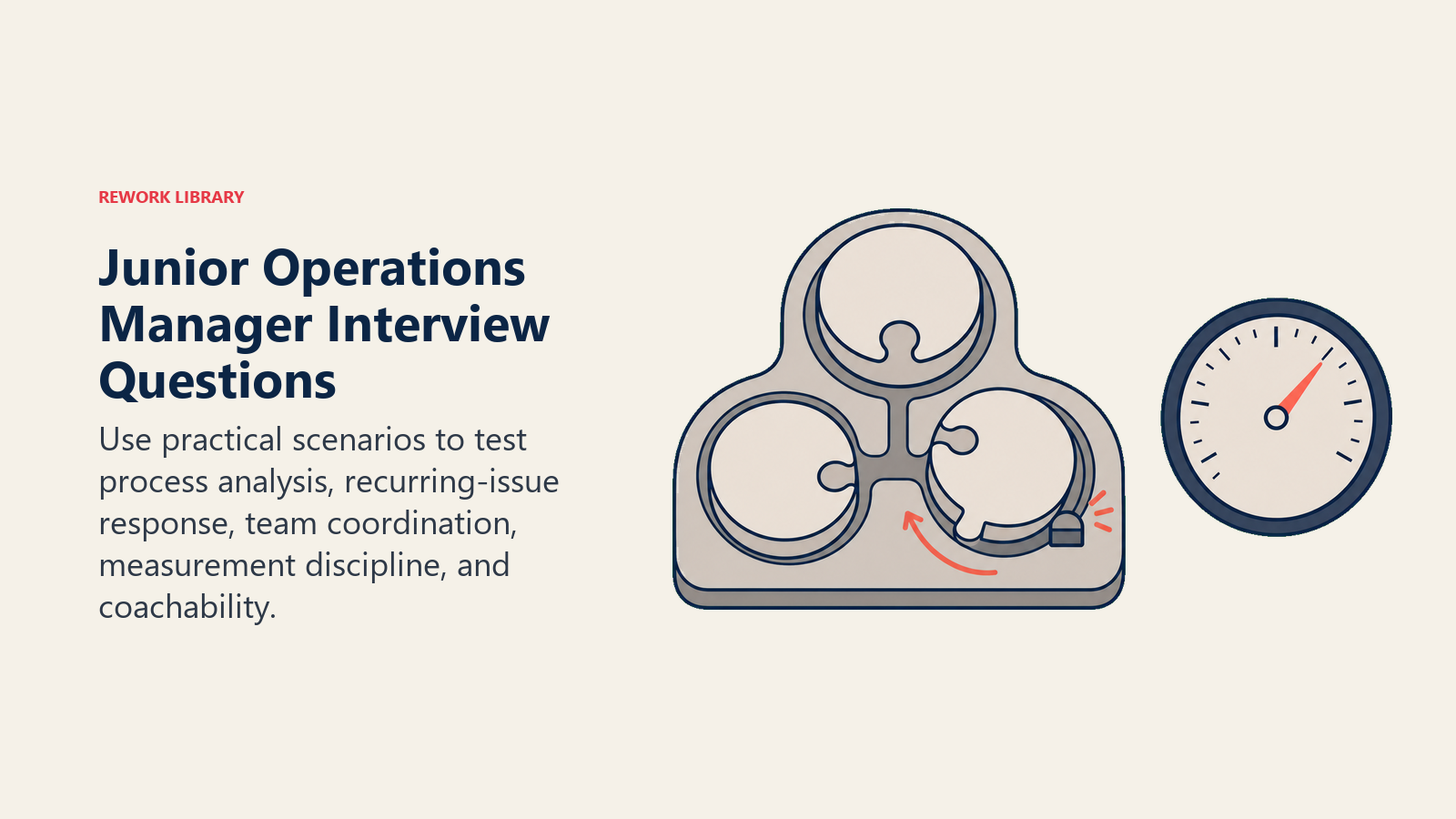 Junior Operations Manager interview questions illustrated by a process puzzle, recurring issue, and measurement dial