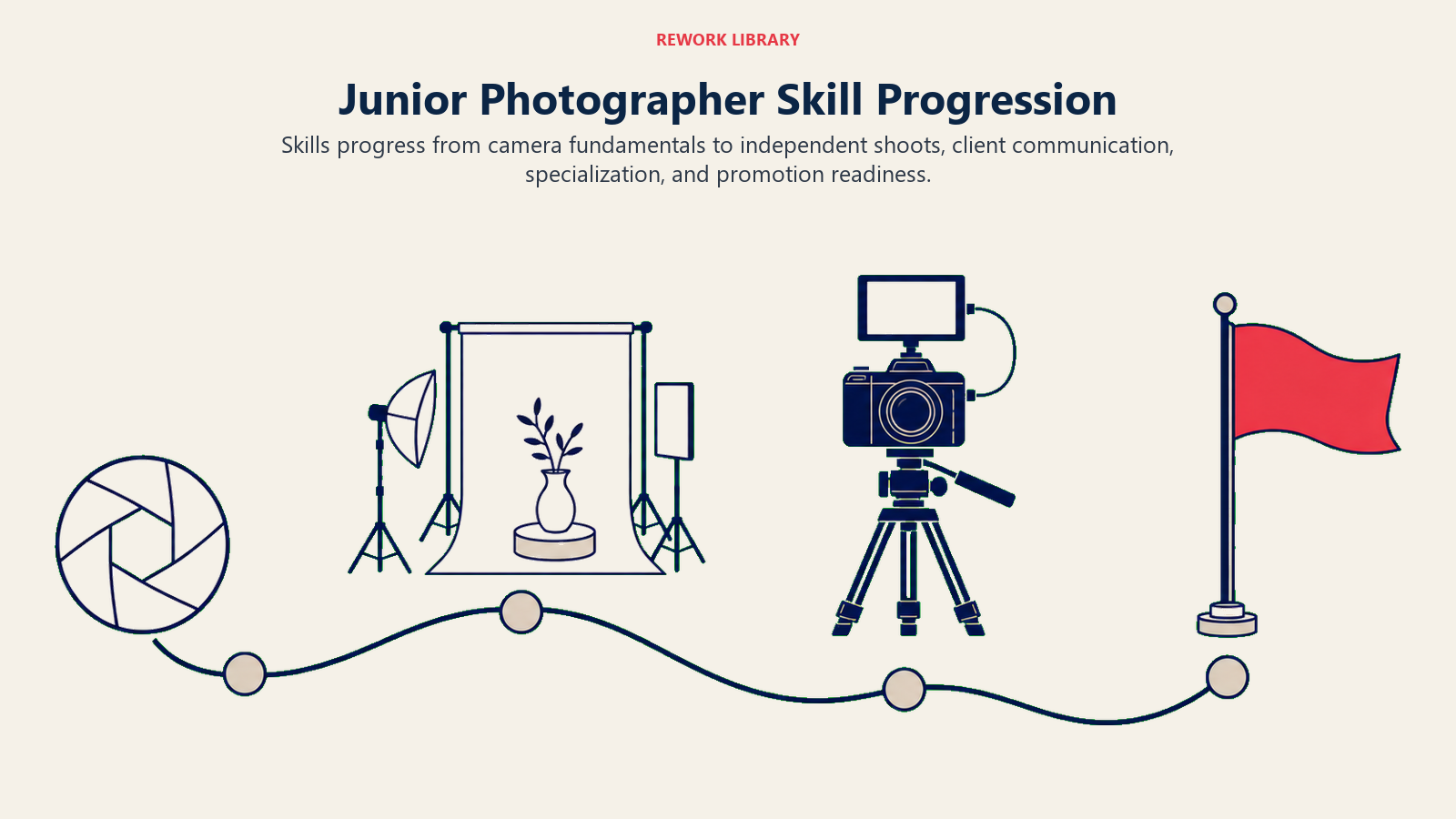 Four-stage junior photographer skill progression from camera fundamentals to independent creative direction
