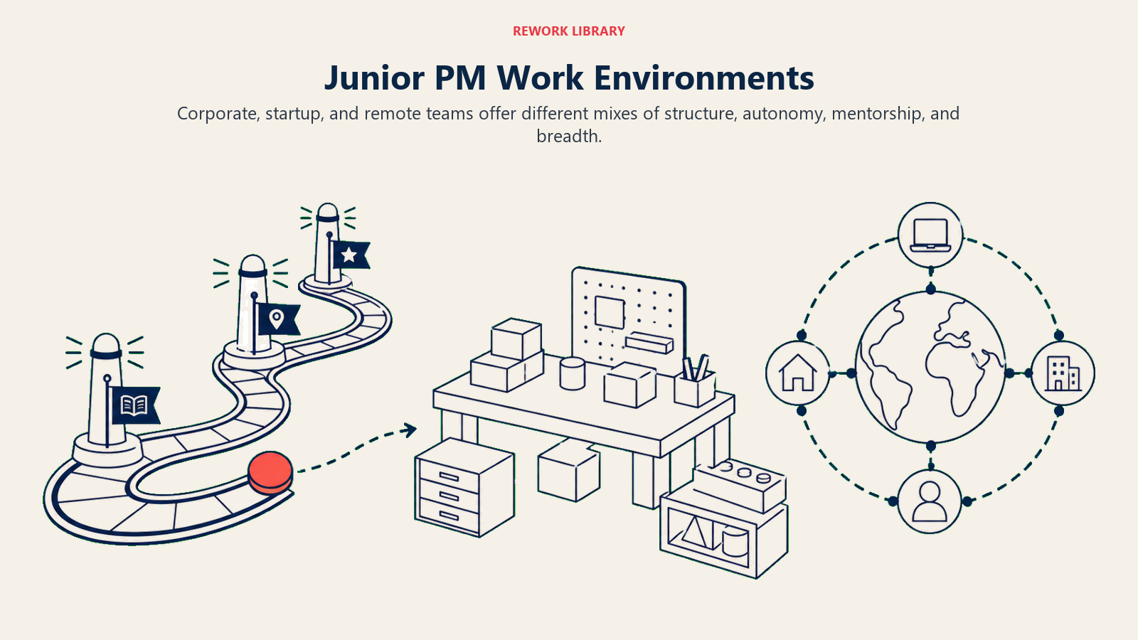 Junior PM Work Environments illustrated with three learning environments: guided rail, open workbench, and distributed orbit