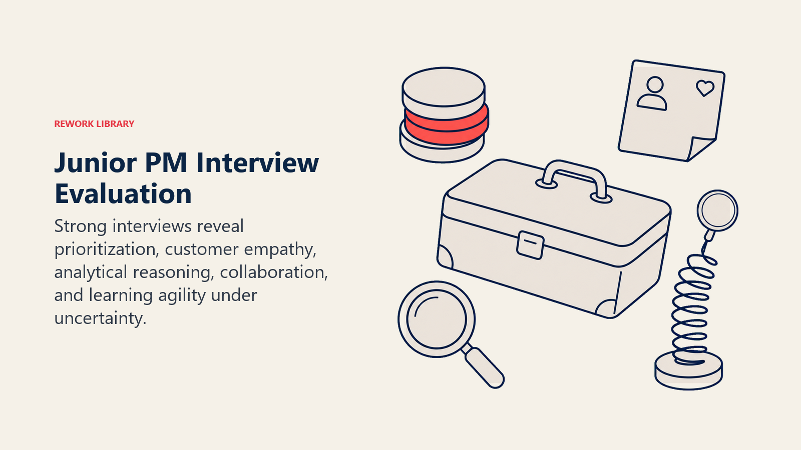 Junior PM Interview Evaluation illustrated with a candidate case-study desk with priority chips, customer note, metric lens, and feedback spring