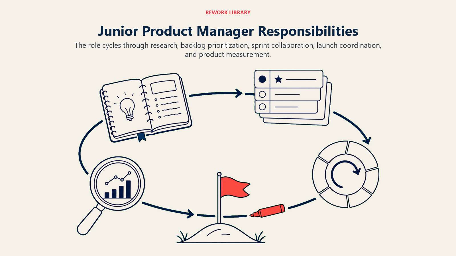 Junior Product Manager Responsibilities illustrated with a wide product lifecycle loop connecting research notebook, backlog stack, sprint wheel, launch flag, and metric lens