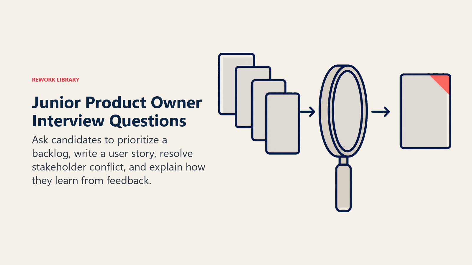Junior product owner interview questions illustrated by scenario cards passing through a reasoning lens
