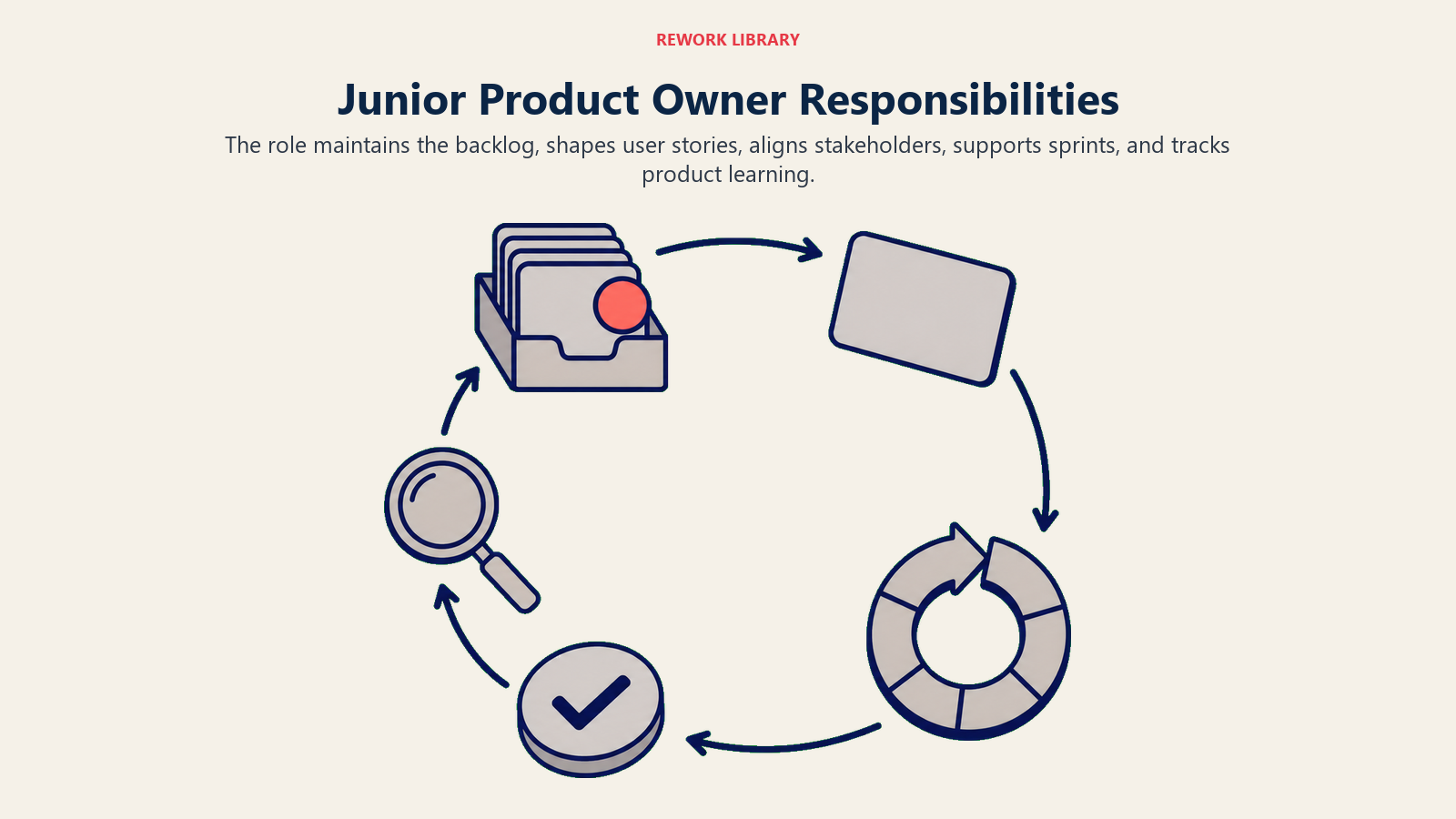Junior product owner responsibilities shown as a backlog, user story, sprint, review, and feedback loop
