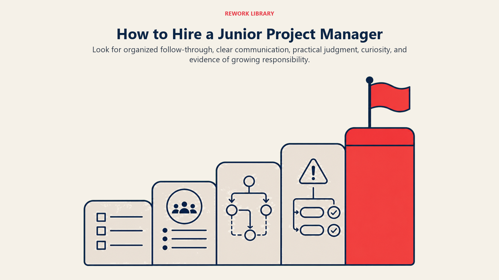 How to hire a Junior Project Manager visual showing growing responsibility from task organization to project ownership