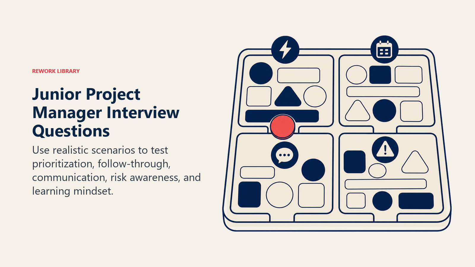 Junior Project Manager interview questions visual sorting priorities, follow-up, communication, and risk scenarios