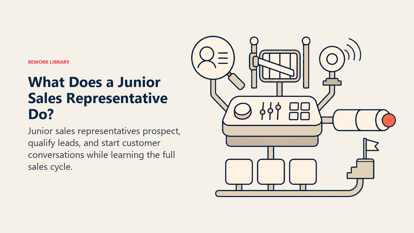 Junior sales representative role shown as a guided prospecting cockpit for lead qualification, outreach, training, and pipeline contribution