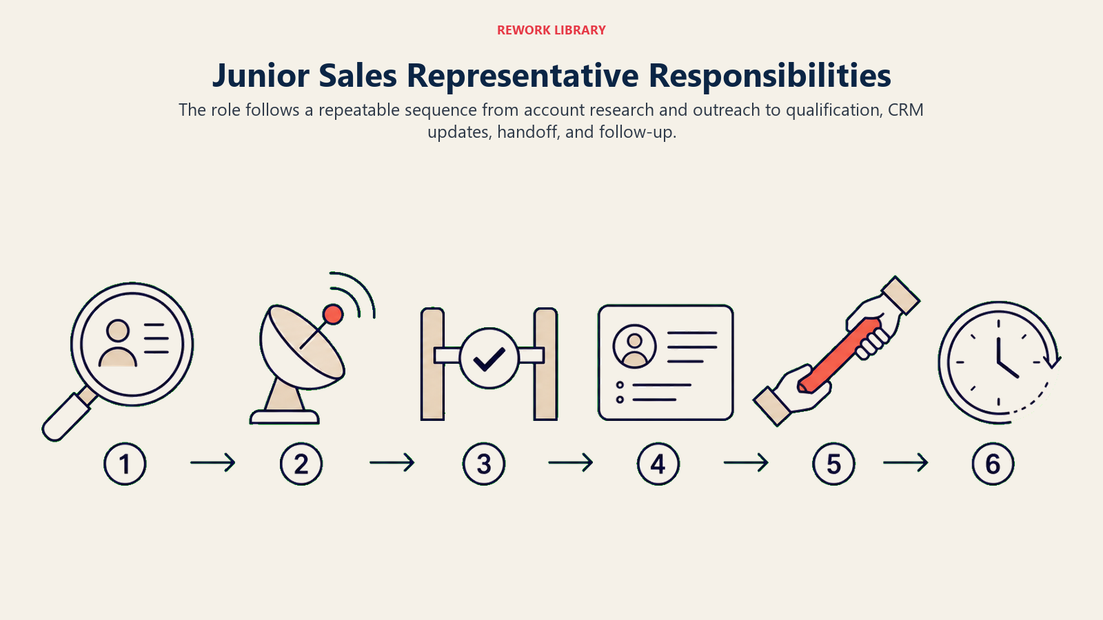 Junior sales representative responsibilities from research to follow-up