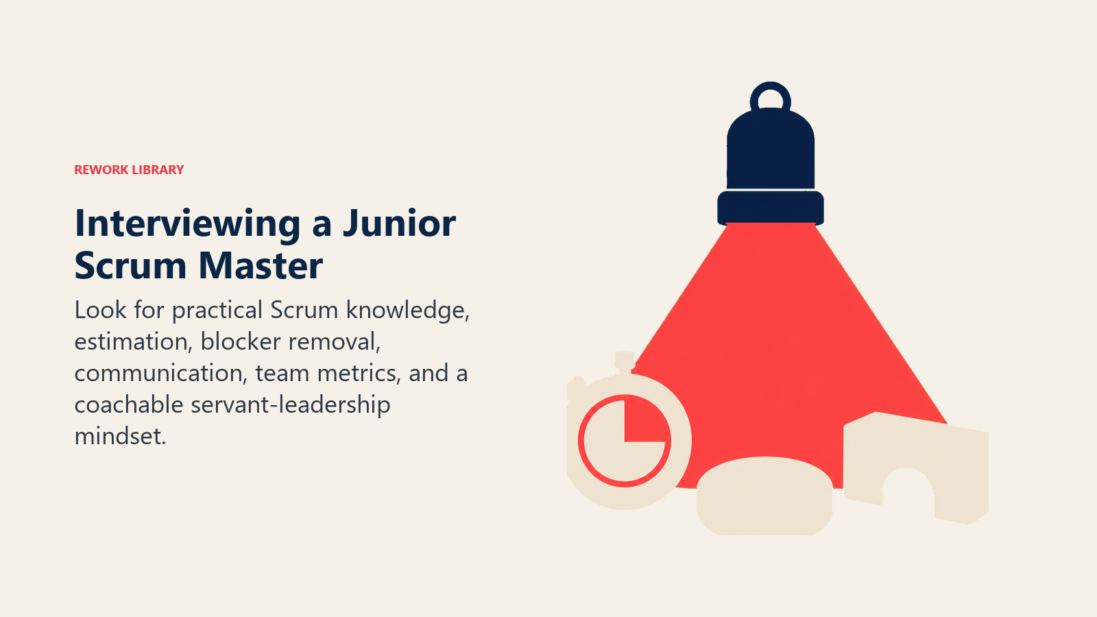 Junior Scrum Master interview focused on ceremony knowledge, estimation, blocker removal, and learning potential
