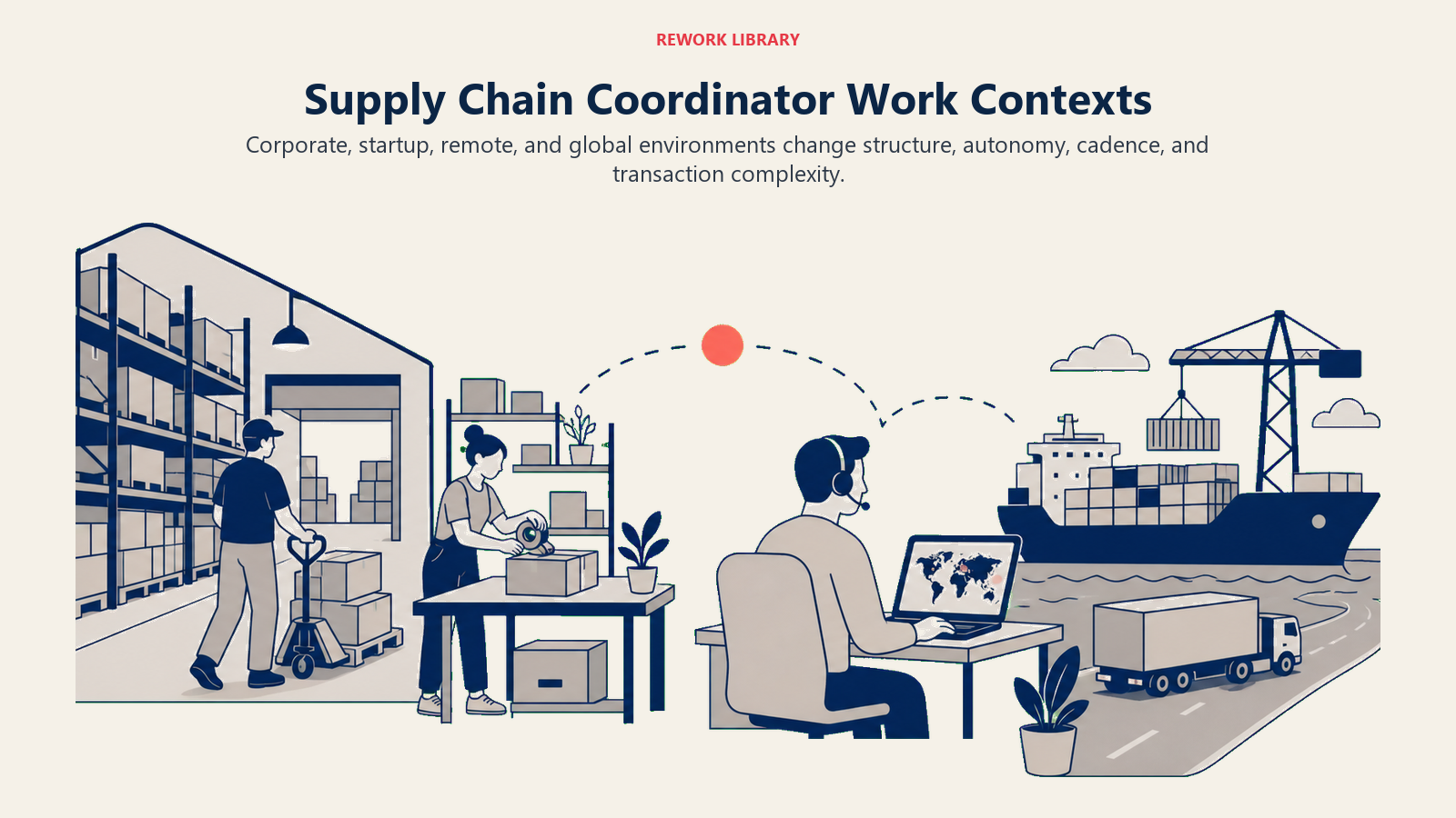 Supply Chain Coordinator Work Contexts illustrated with a Rework editorial junior supply chain coordinator contexts visual.