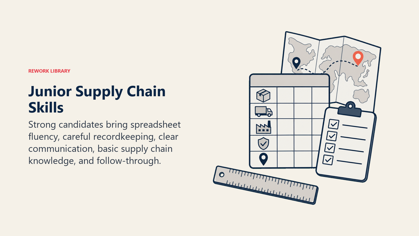 Junior Supply Chain Skills illustrated with a Rework editorial junior supply chain coordinator requirements visual.