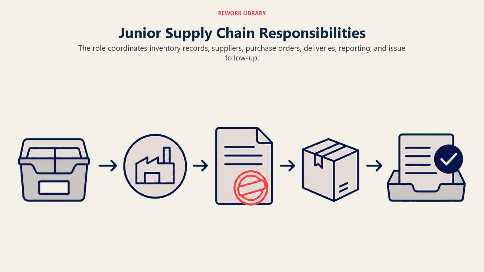 Junior Supply Chain Responsibilities illustrated with a Rework editorial junior supply chain coordinator responsibilities visual.