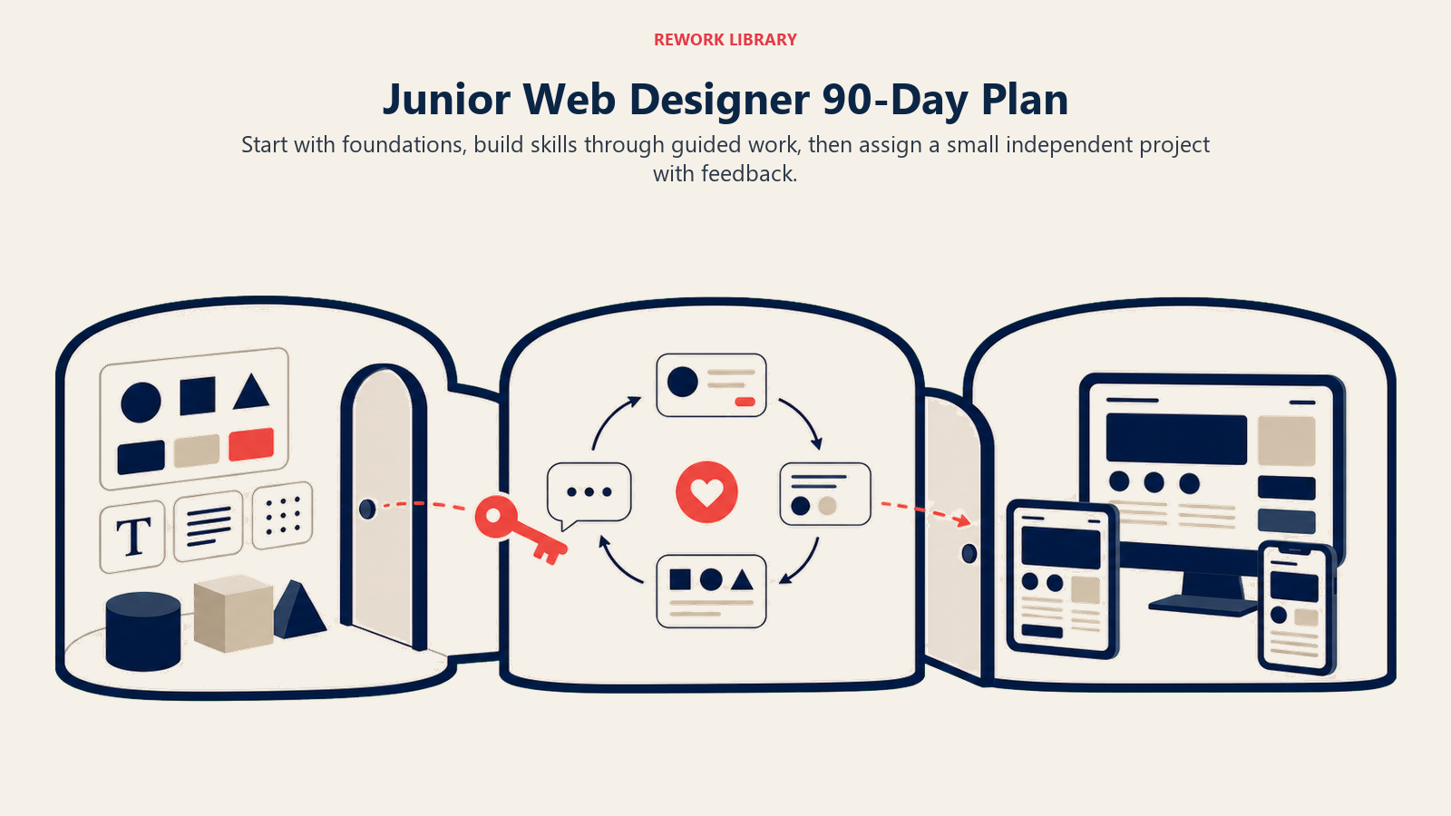 Junior web designer 90-day plan shown as foundations, guided practice, and independent project stages