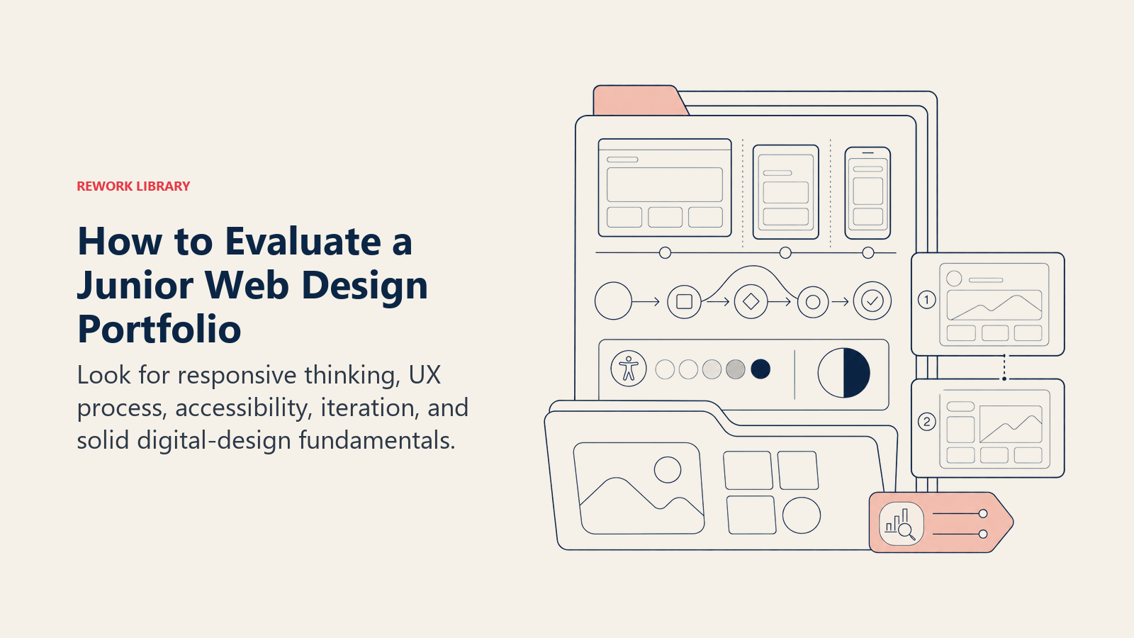 Junior web design portfolio evaluation shown as a lens revealing responsive, UX, and accessibility evidence
