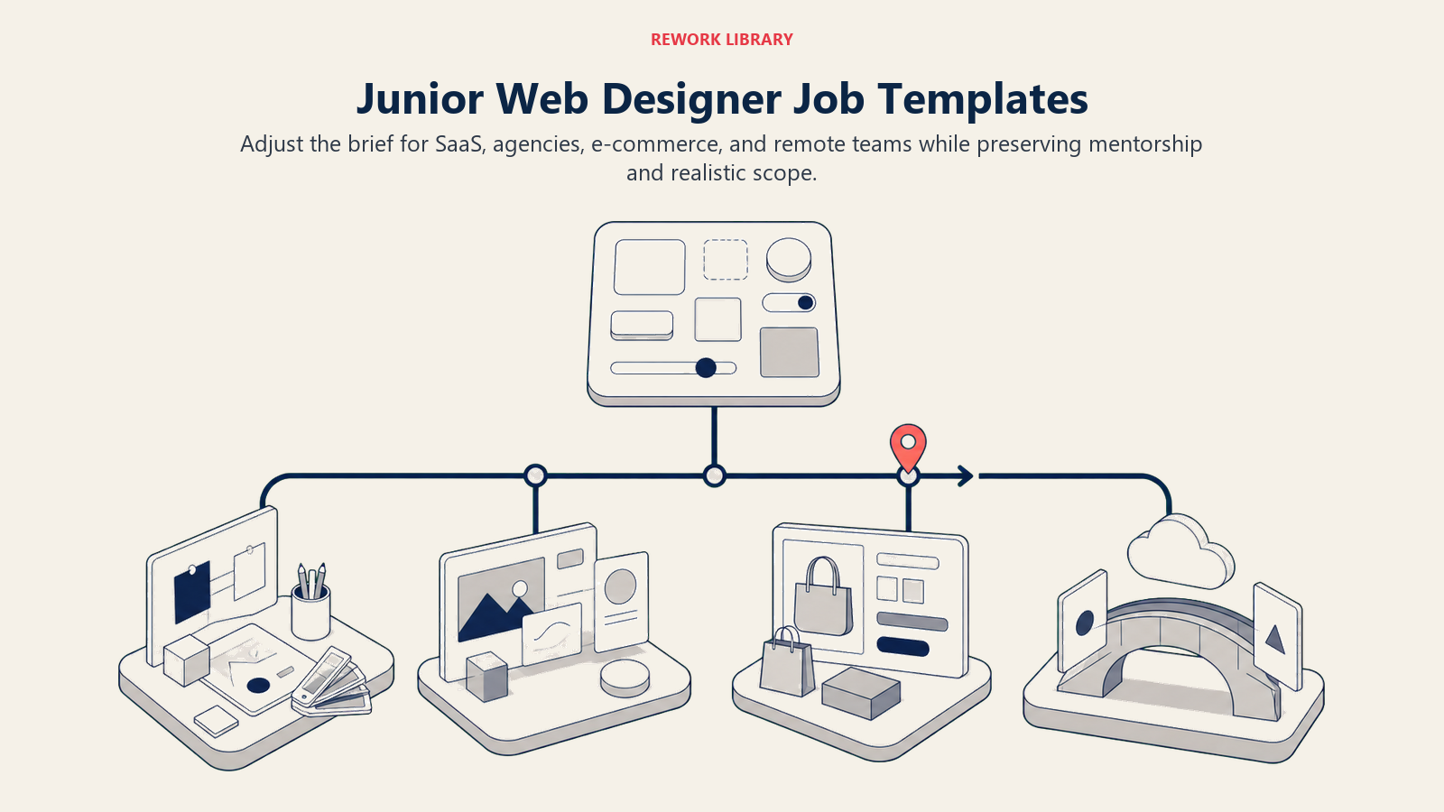 Junior web designer job templates shown across SaaS, agency, e-commerce, and remote studios