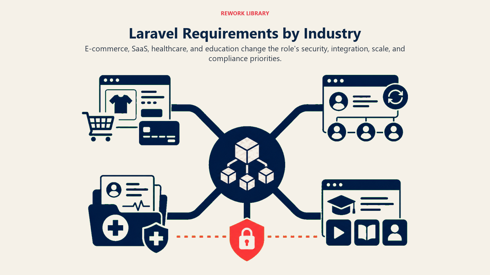 Laravel Requirements by Industry illustrated with application core branching into four distinct industry systems