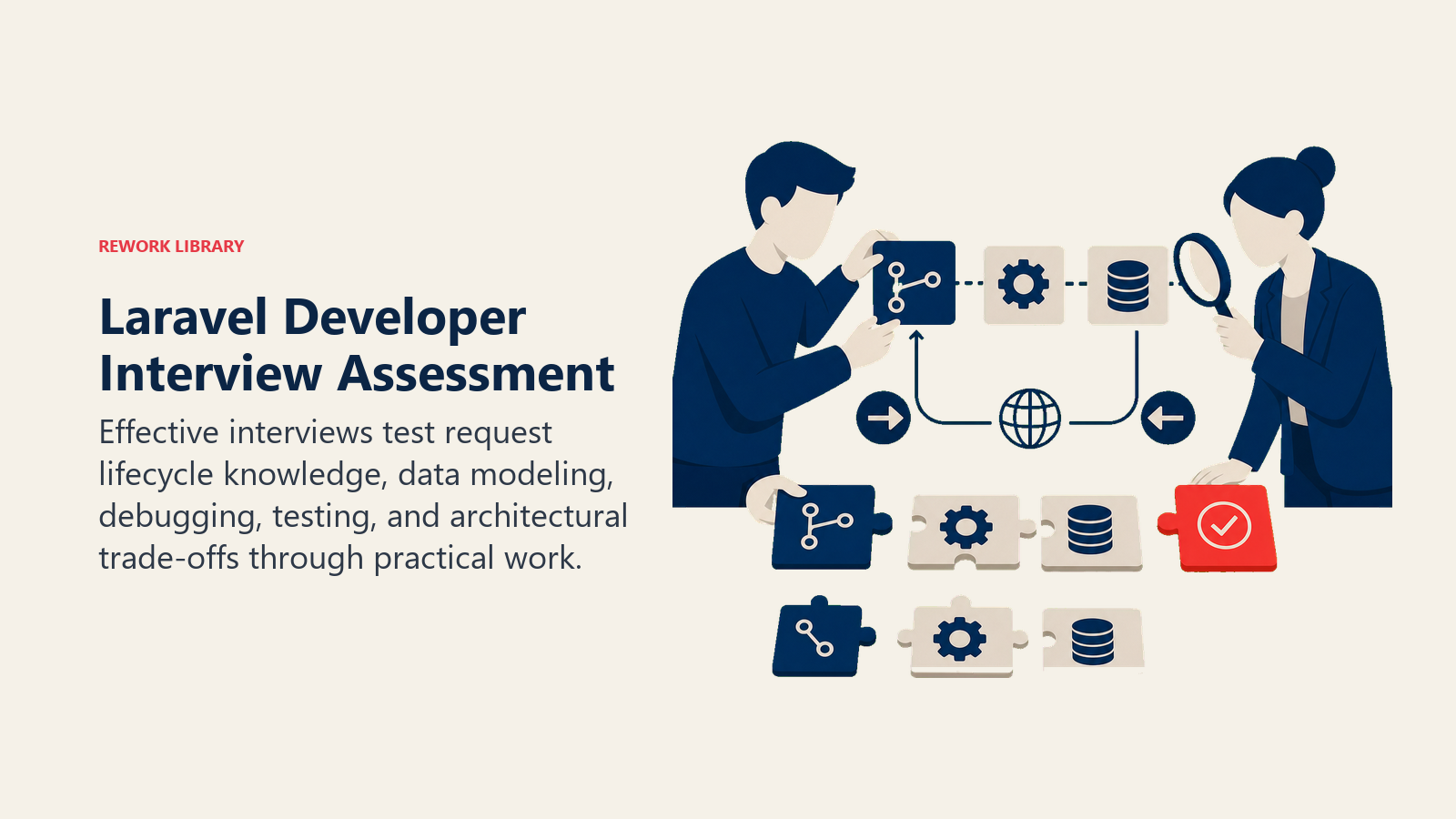 Laravel Developer Interview Assessment illustrated with candidate assembling route, controller, model, and test pieces while evaluator checks seams