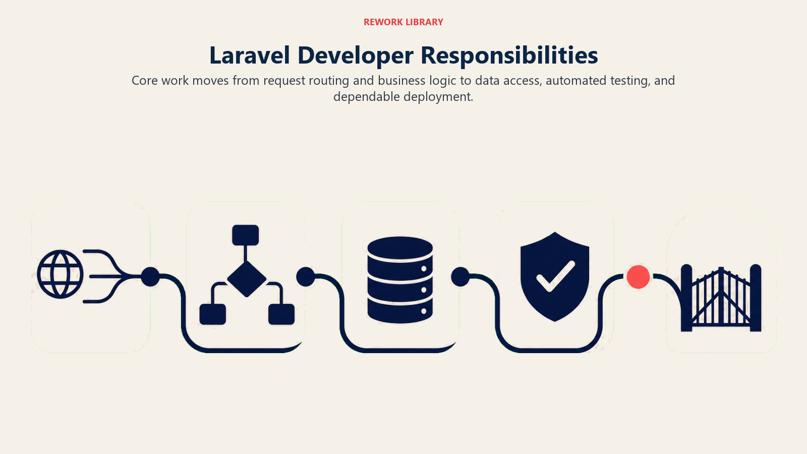 Laravel Developer Responsibilities illustrated with five-stage Laravel delivery flow from request to release