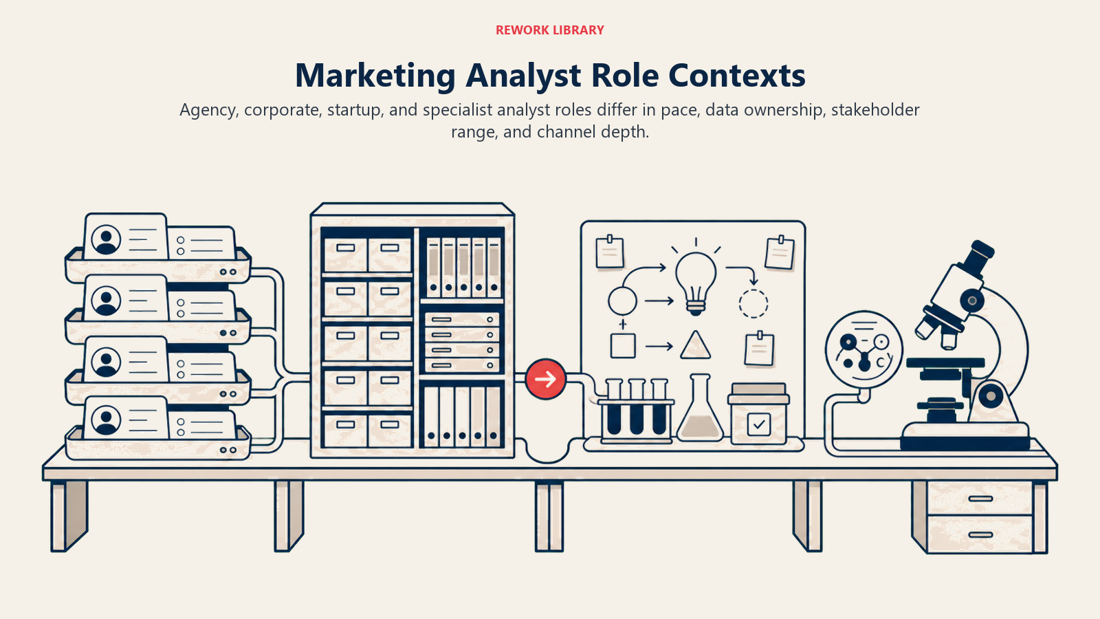 Marketing Analyst role contexts shown across agency, corporate, startup, and specialist analysis workstations