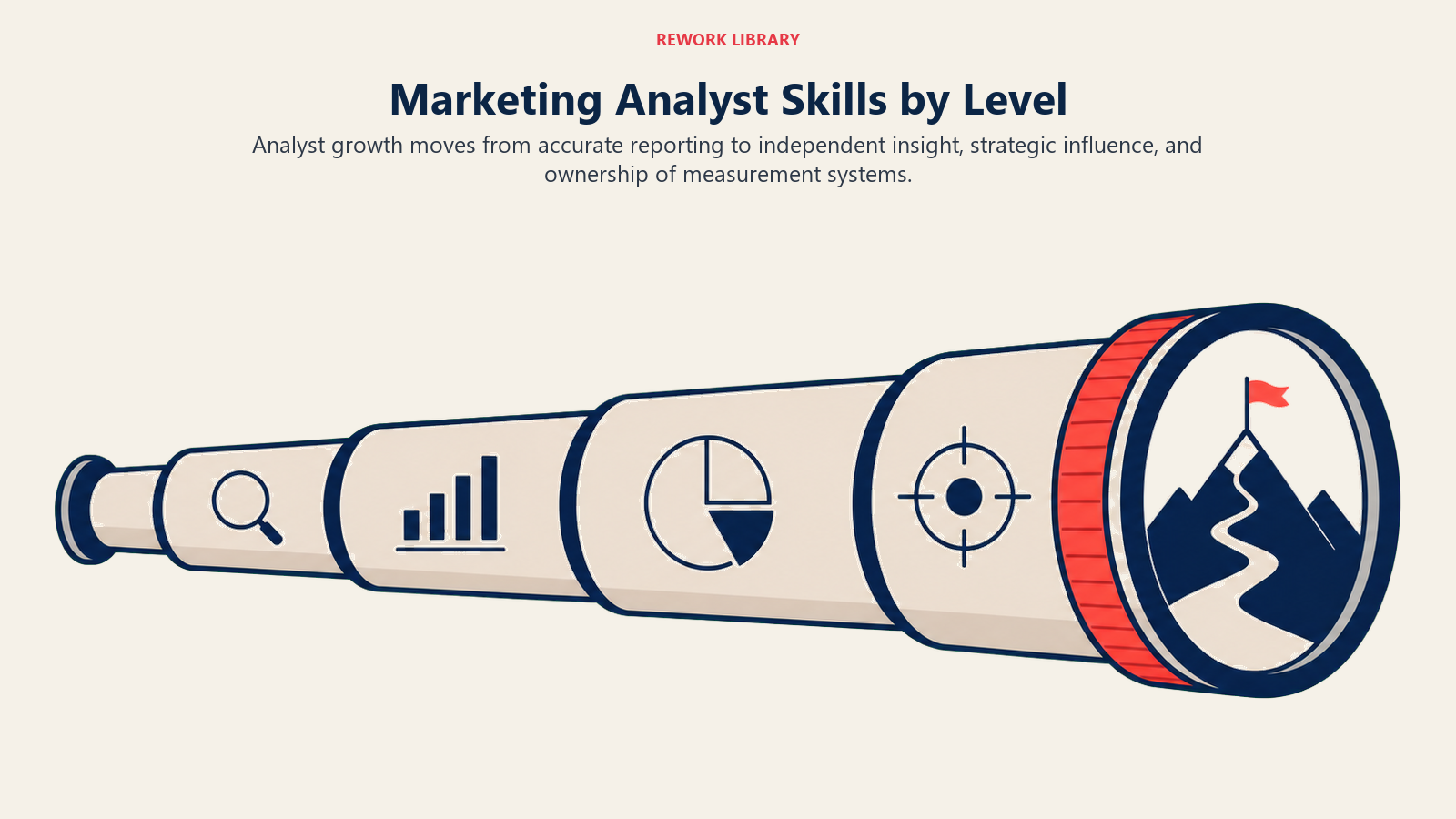 Marketing Analyst skills by experience level shown as an expanding analytical telescope