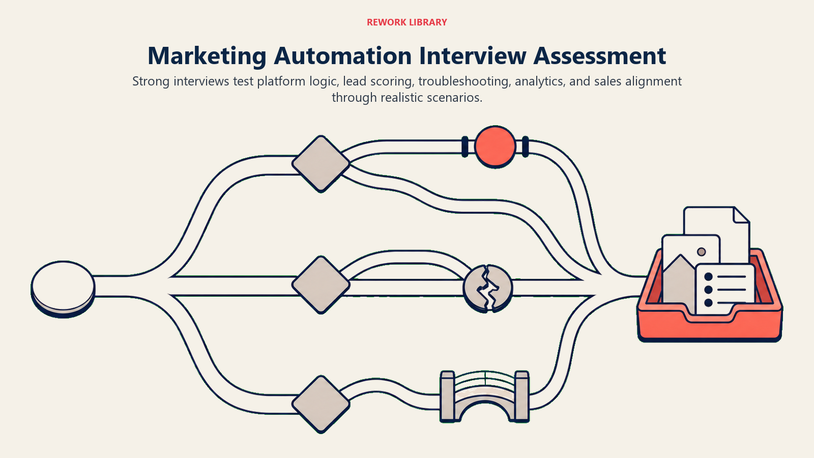 Marketing automation interview assessment shown as branching scenarios converging into evidence