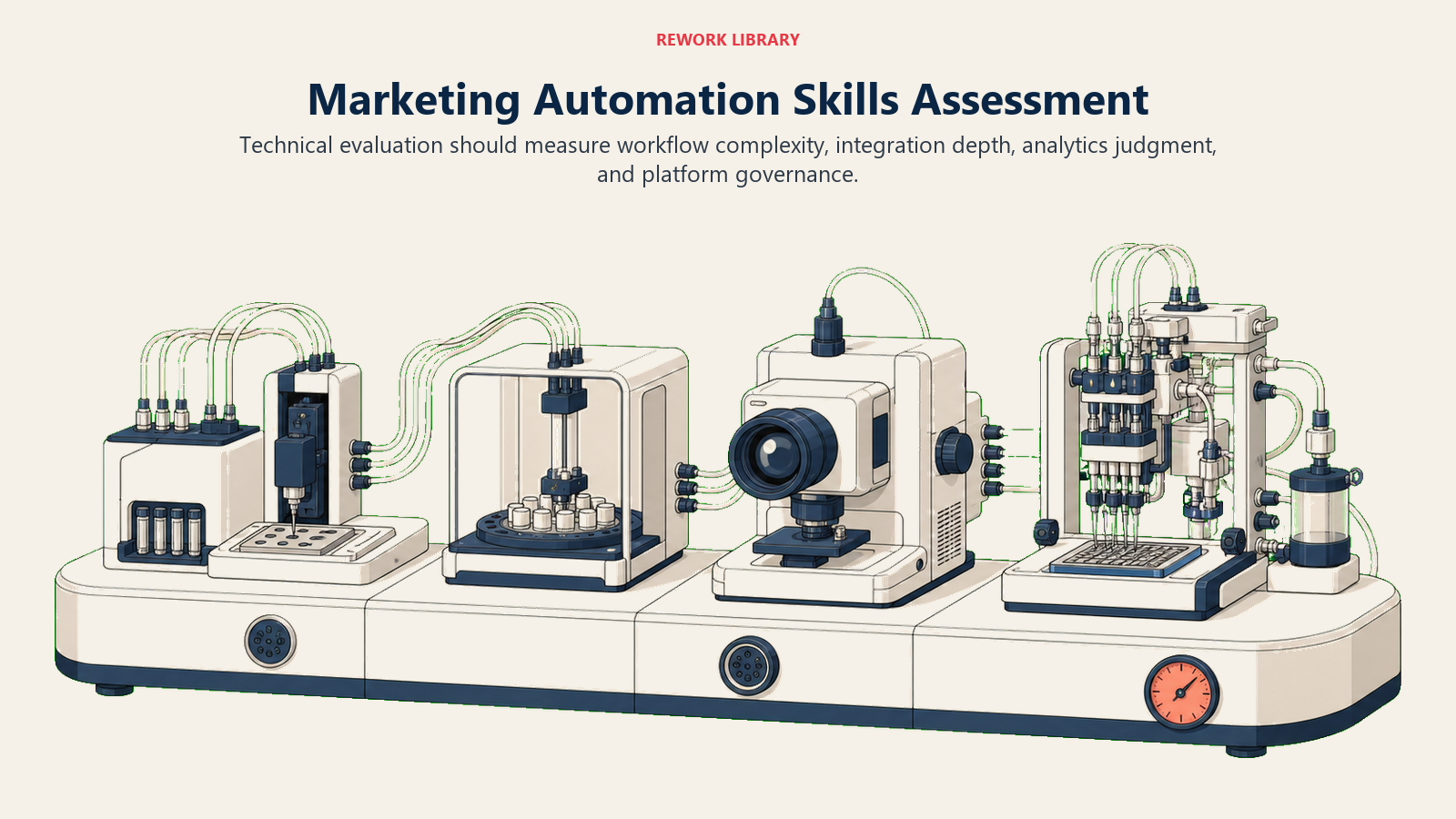 Marketing automation skills assessment shown as a calibration bench for workflow, integration, and analytics capability