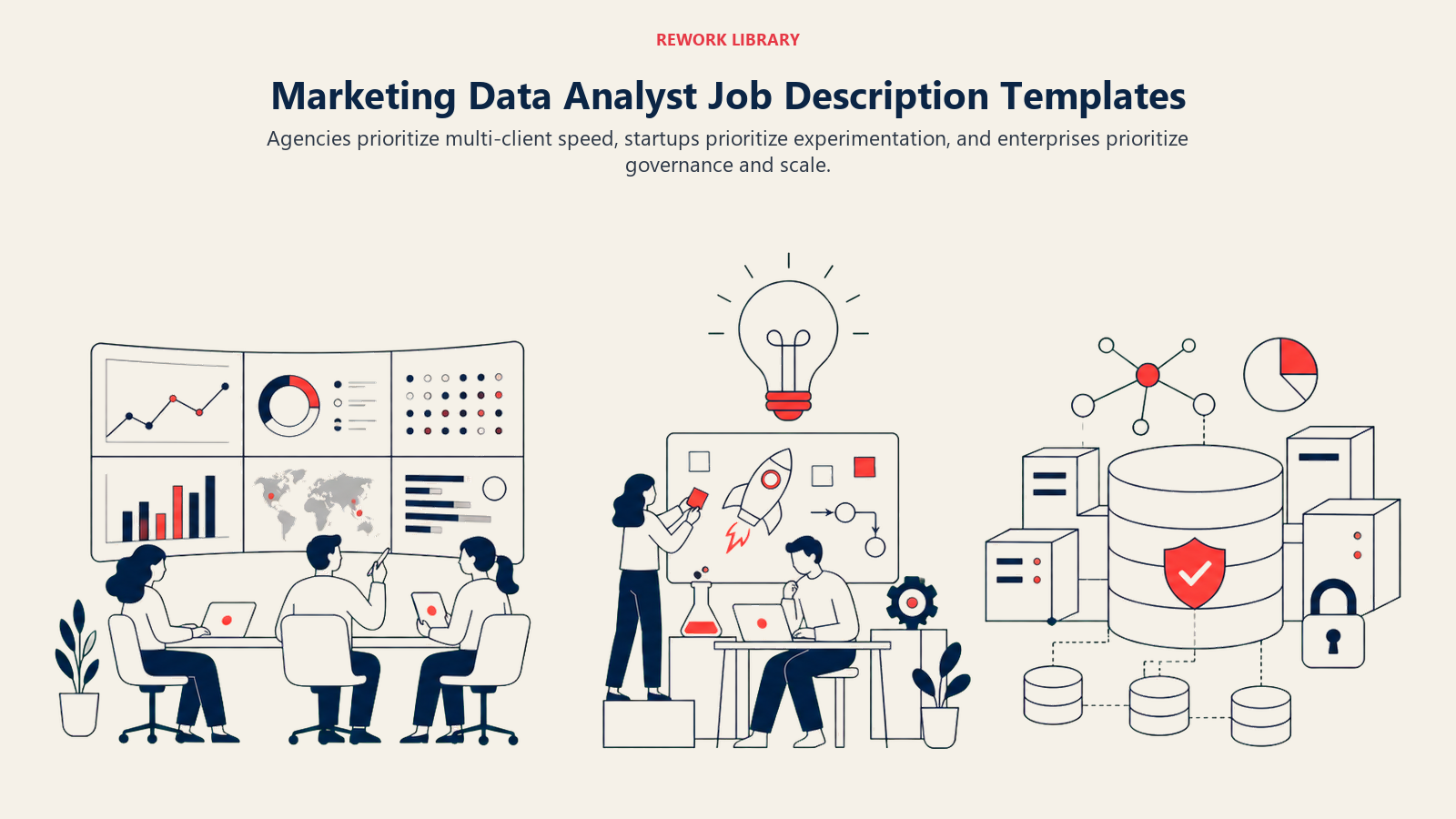 Marketing Data Analyst Job Description Templates illustrated with three analytics environments