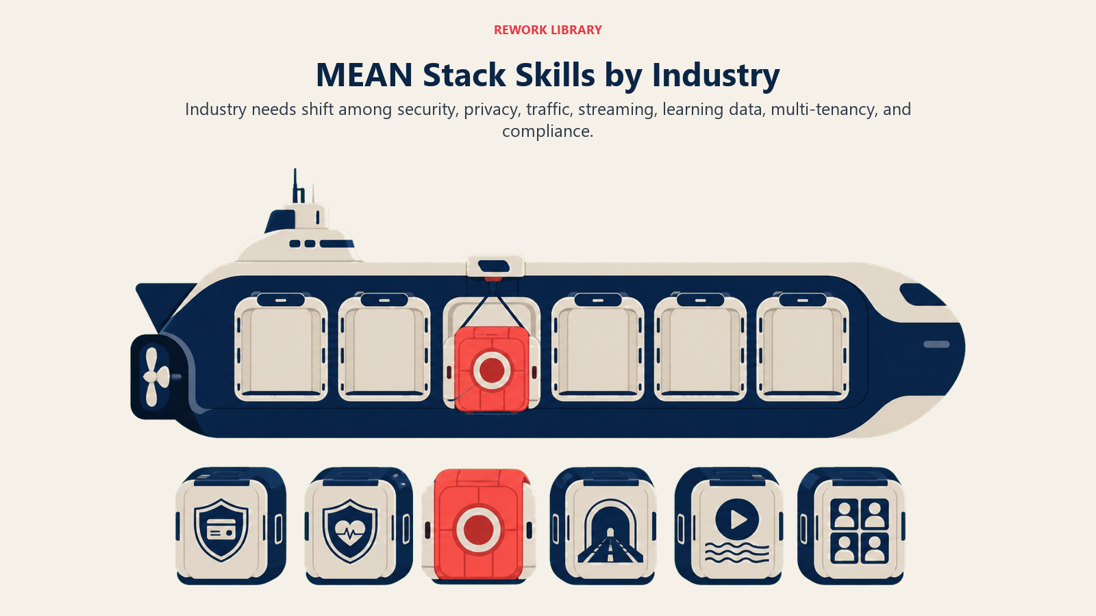MEAN stack skills by industry shown as an application vessel adapting for security, scale, and compliance