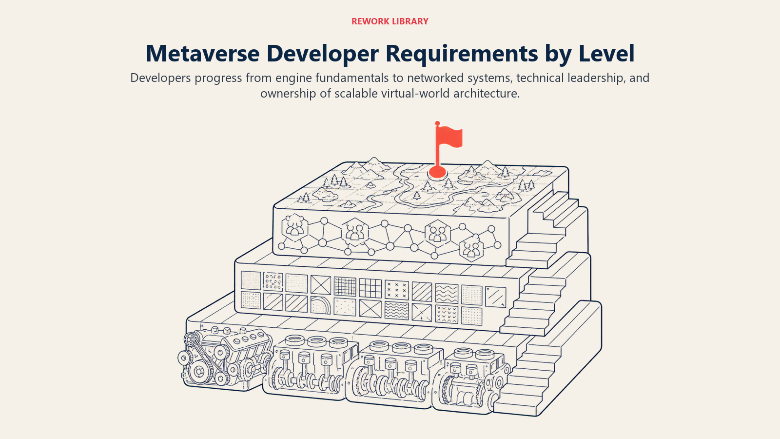 Metaverse Developer Requirements by Level illustrated with metaverse engineering levels