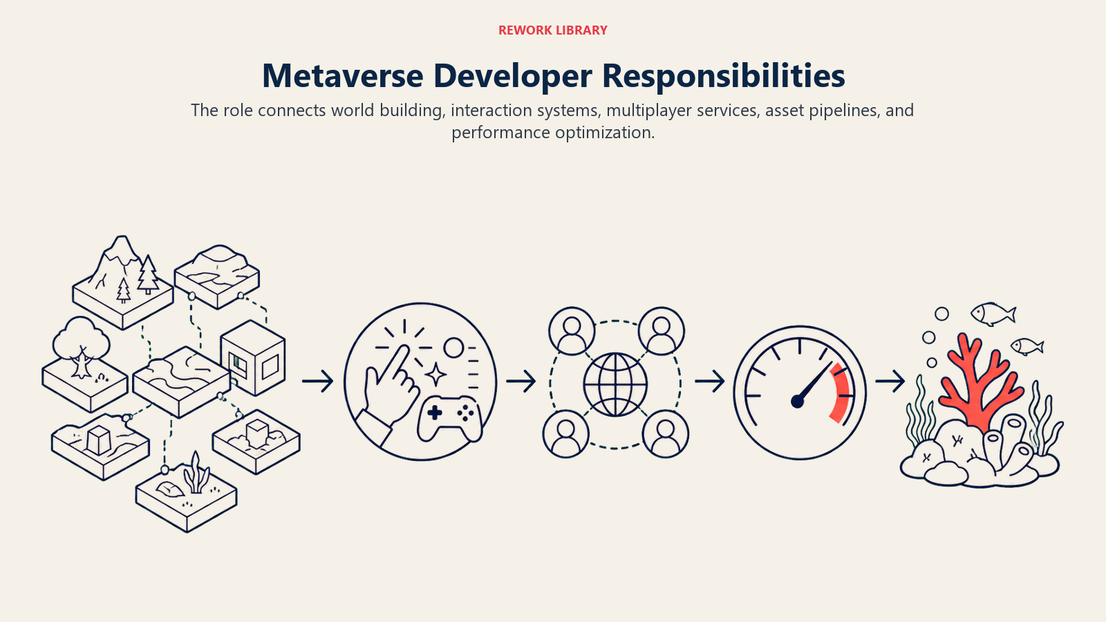 Metaverse Developer Responsibilities illustrated with virtual world production pipeline