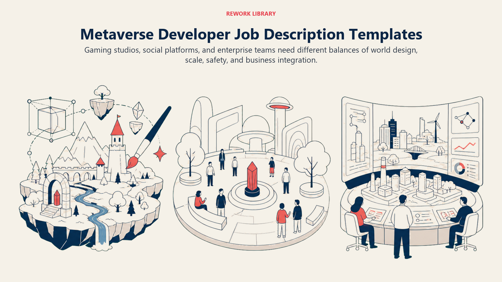 Metaverse Developer Job Description Templates illustrated with three virtual world contexts