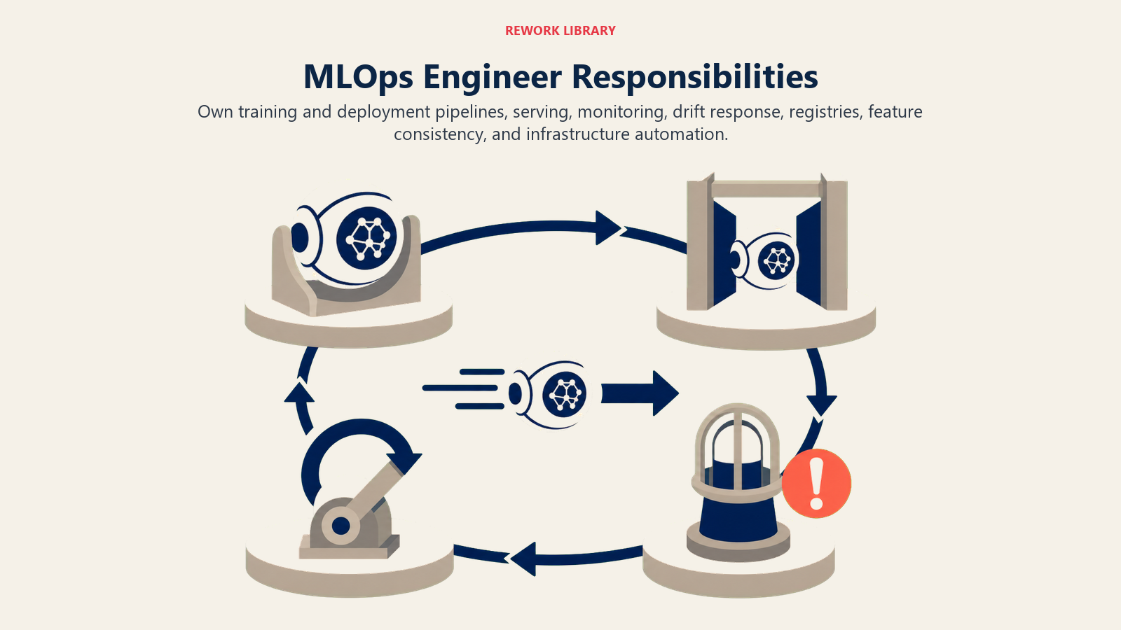 MLOps Engineer responsibilities shown as a lifecycle of training, deployment, monitoring, and retraining