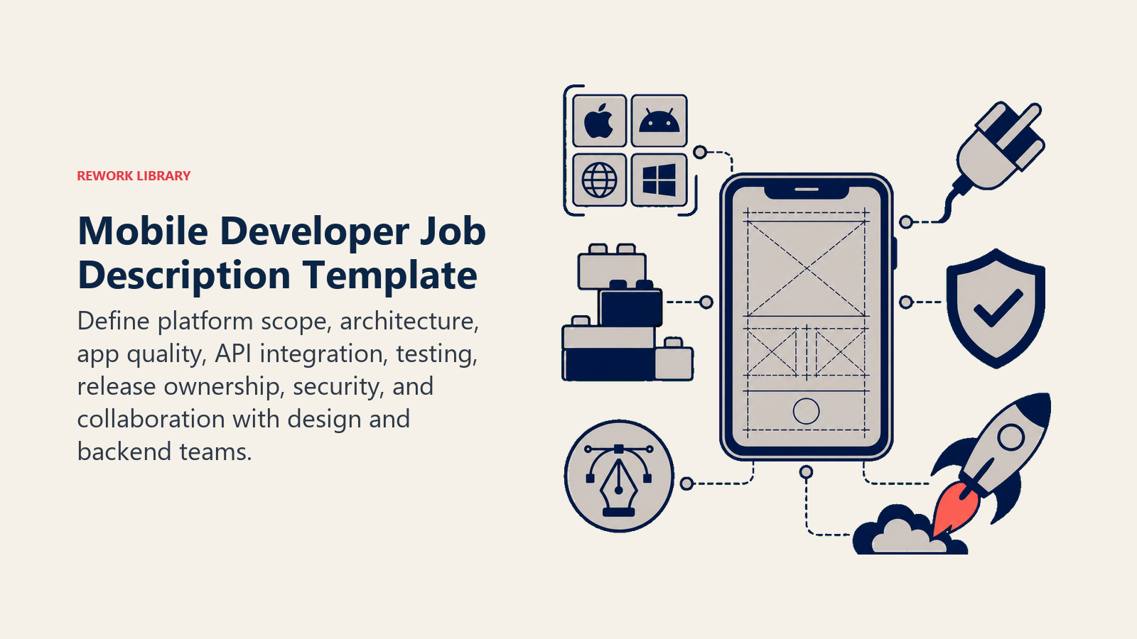 Mobile Developer Job Description Template visual showing a mobile device blueprint surrounded by platform brackets, architecture blocks, API plug, test shield, release rocket, and design handoff token