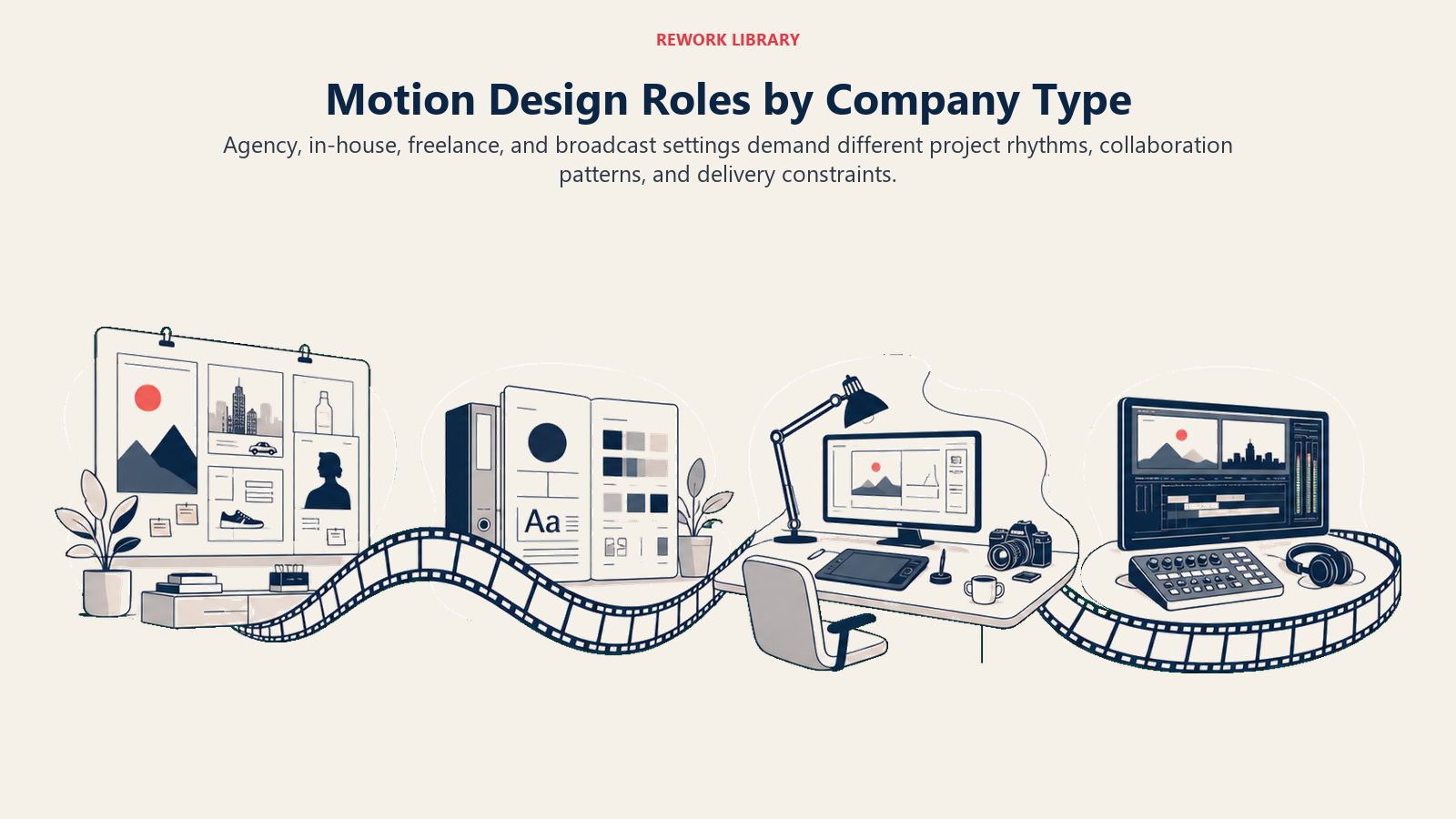 Motion Design Roles by Company Type visual showing four wide storyboard environments: agency campaign wall, in-house brand system, freelance production desk, and broadcast timeline, connected by a flowing film strip
